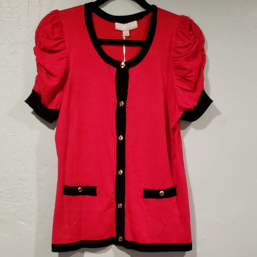 Red crew neck ruched cardigan with pockets